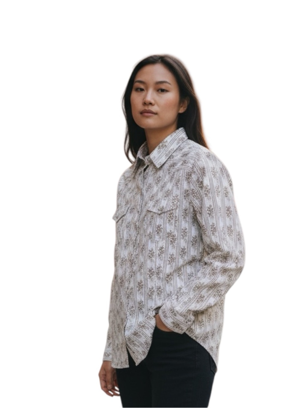 Roper Cream Shirt with Olive Green Floral Stripes Size S